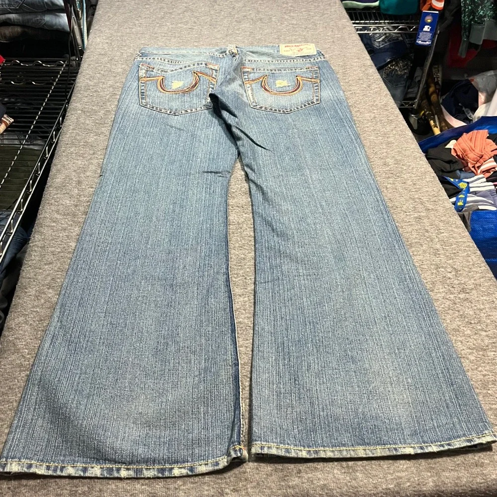 True Religion Bobby Big T Baggy Flared Jeans Blue Distressed Mens 34x34 y2k Keef